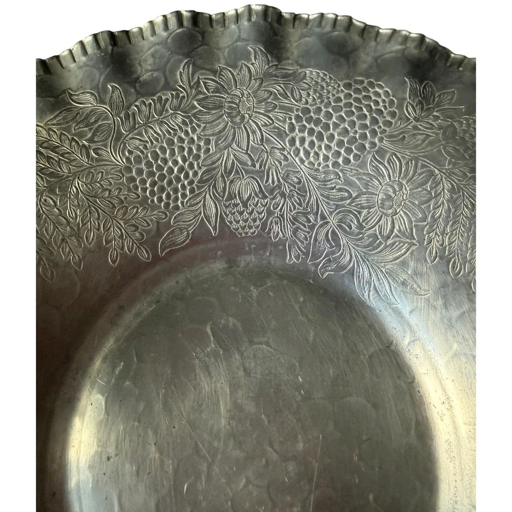 Hammered‎ Aluminum Basket Floral Embossed Loop Handle Designed Aluminum 1940s